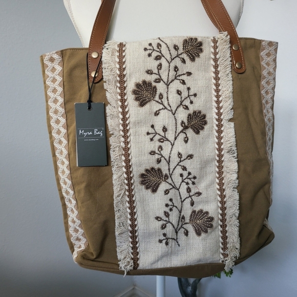 Myra Bag Jamee Jane Brown & Tan Embroidered Tote Shoulder Purse New With Tags - Picture 2 of 11